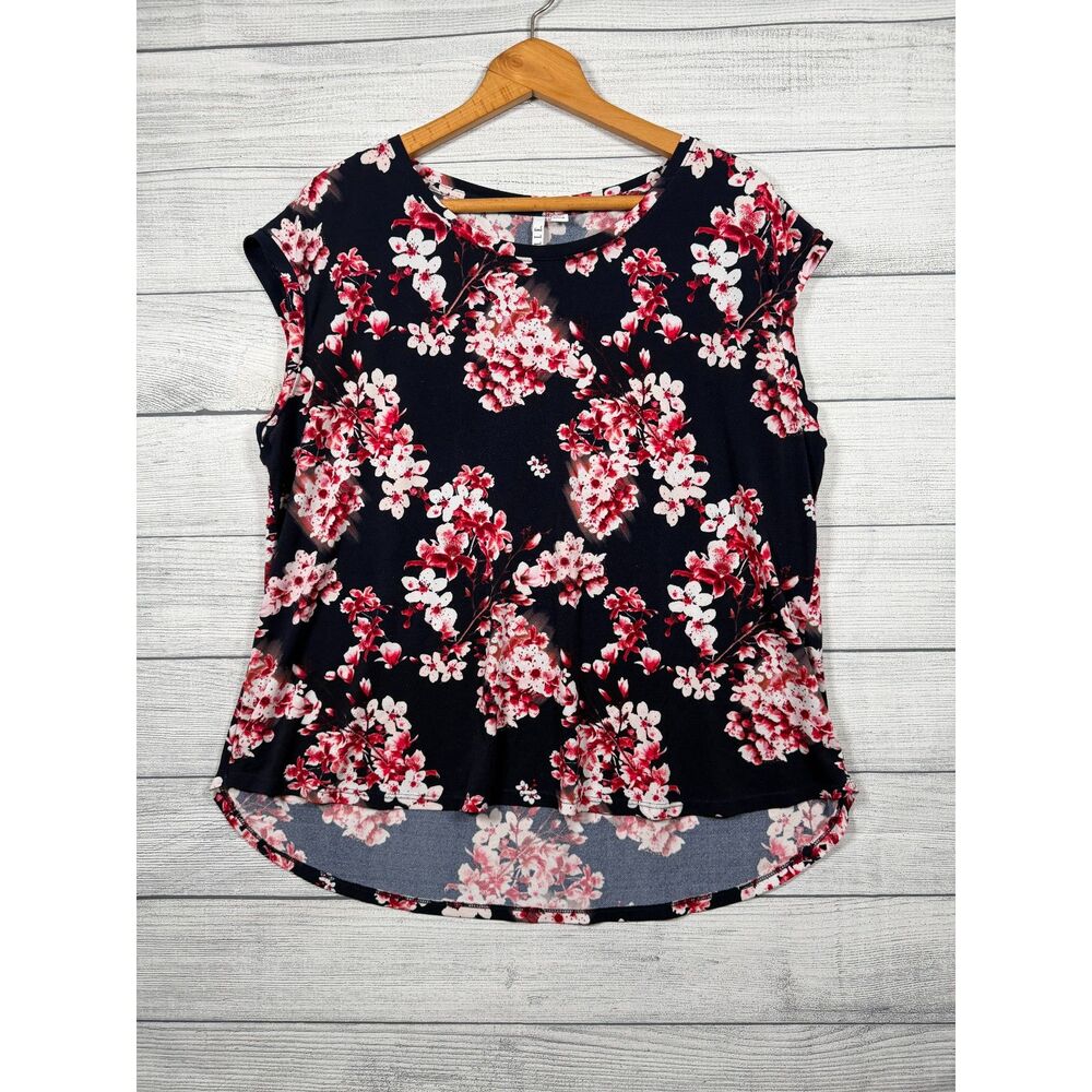 ELLE Women's XL Navy Red White Floral Short Sleeve High Low Top 1489